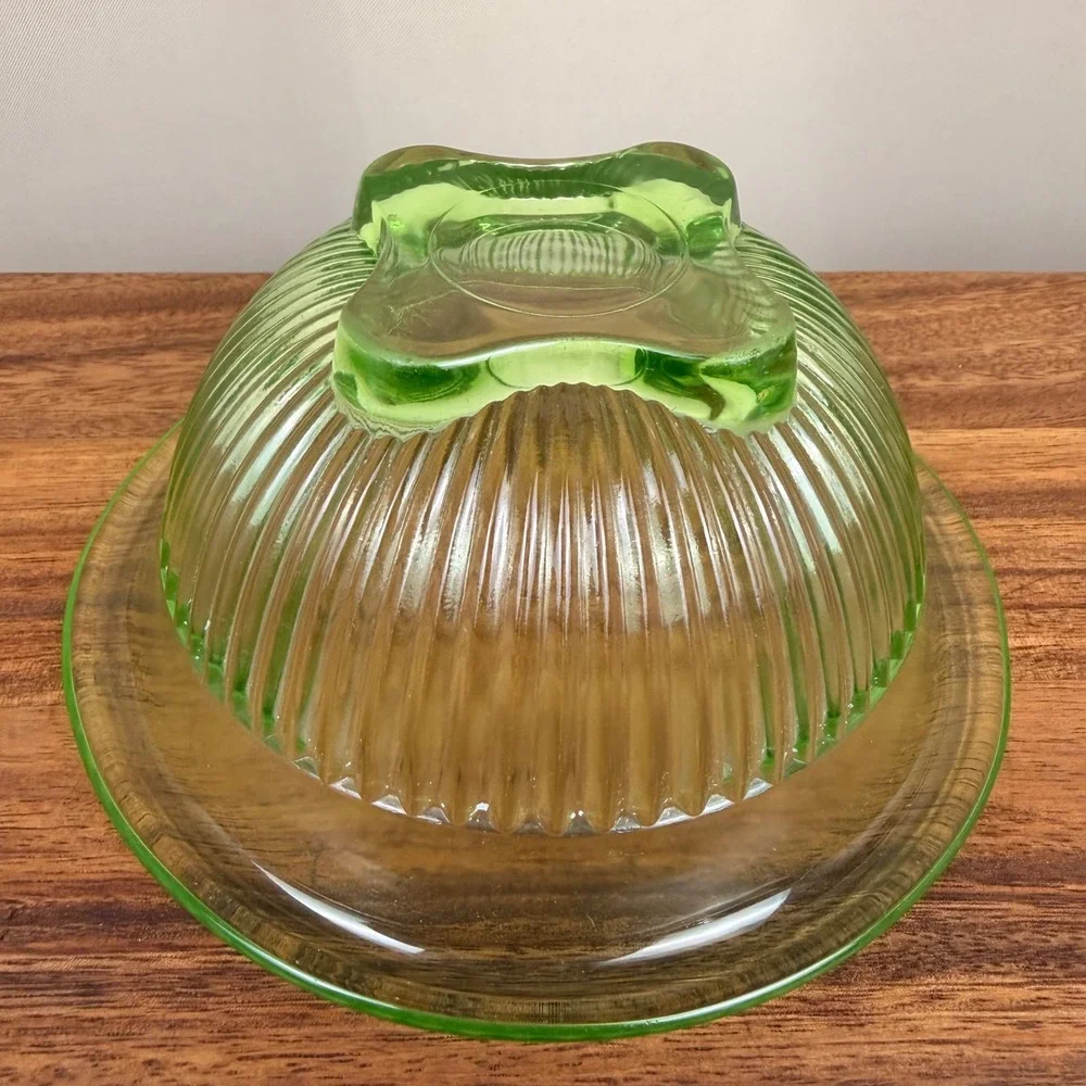 Federal Glass Diana Uranium Glass Bowl Green Ribbed Depression Glass 7 inch